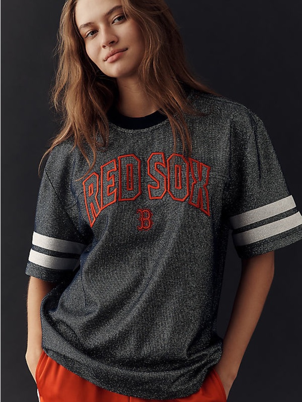 Anthropologie x Wild Collective Black Glitter 'Red Sox' Graphic Short Sleeve Tee